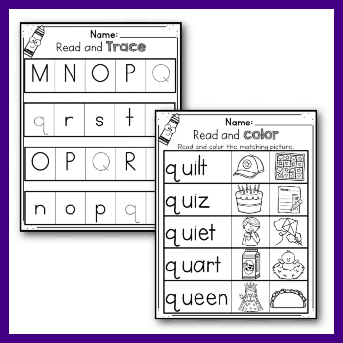 Free printable letter q worksheets tracing letter recognition alphabet sounds