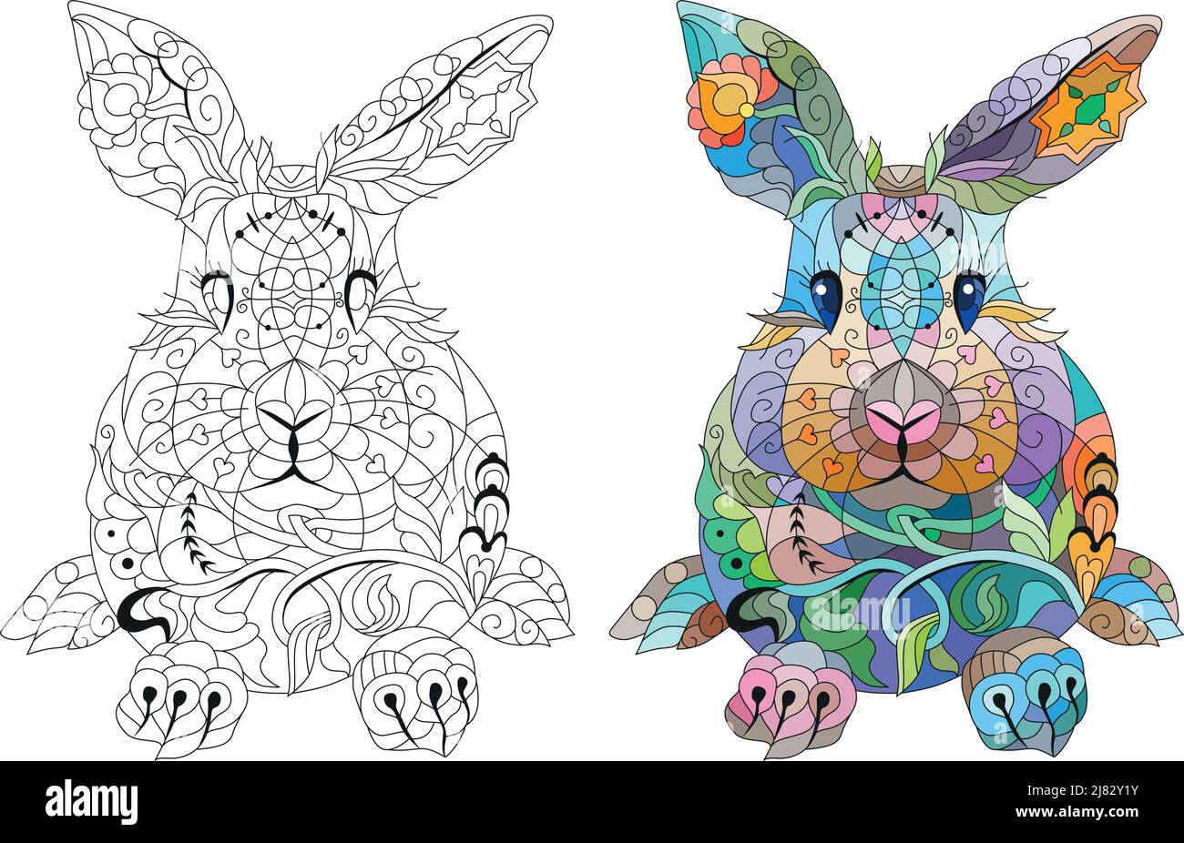 Spring rabbit coloring page for adult and children easter background with creative cute bunny color and outline set stock vector image art