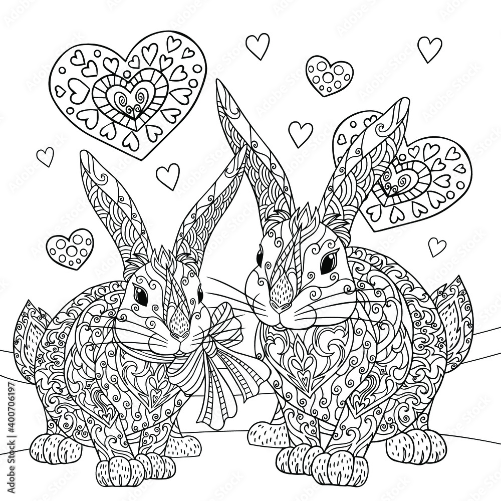 Two funny rabbits in love coloring page of cute bunnies with doodle elements valentines day illustration coloring book for adult hand drawn vector vector