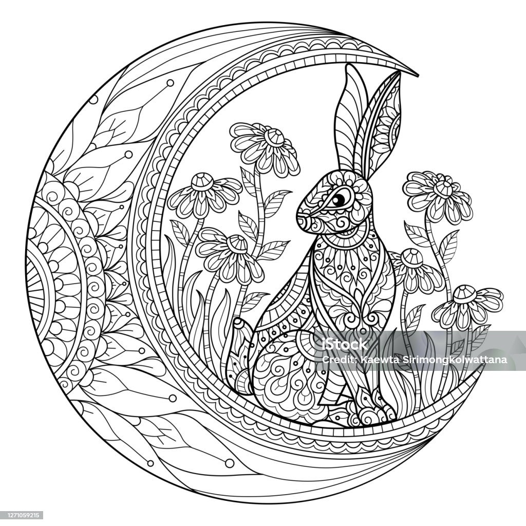 Doodle rabbit on the moon s adult coloring page illustration style stock illustration