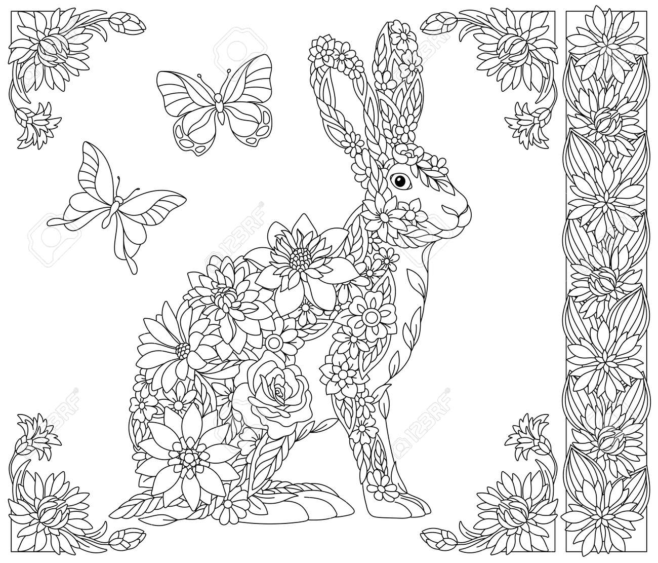 Adult coloring book page floral hare or rabbit ethereal animal consisting of flowers leaves and butterflies royalty free svg cliparts vectors and stock illustration image
