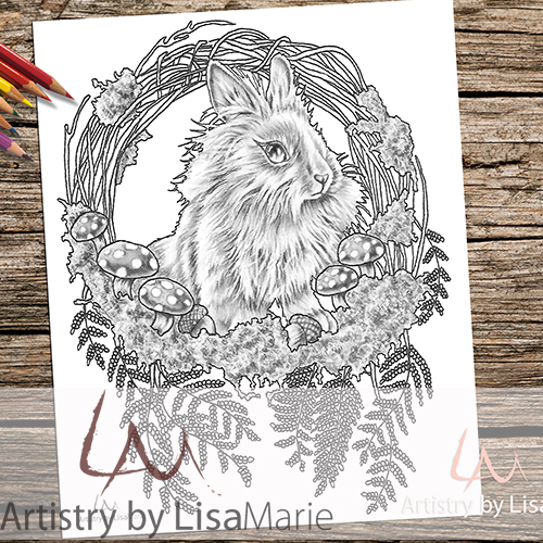 Lionhead bunny rabbit in wreath printable coloring book page â artistry by lisa marie