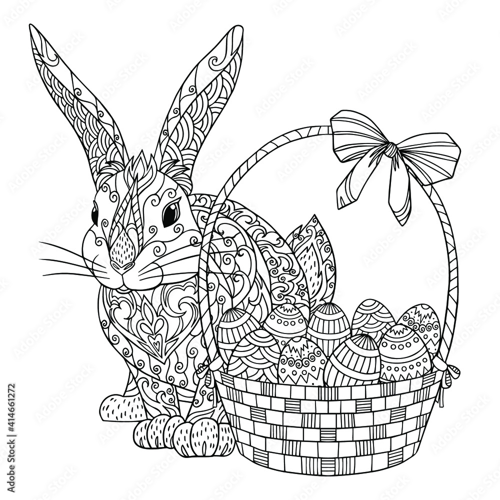 Rabbit with basket and easter eggs coloring page vector illustration of spring bunny coloring book for adults with doodle and zentangle elements vector