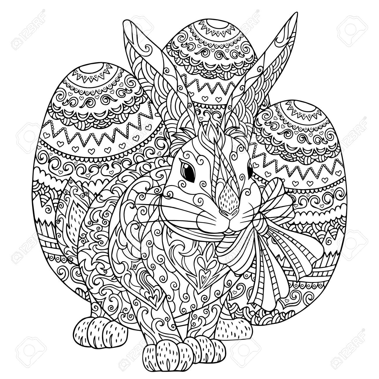 Coloring page rabbit with easter eggs vector outline illustration with doodle and zentangle elements for coloring book for adult bunny with long ears and decorative elements royalty free svg cliparts vectors and