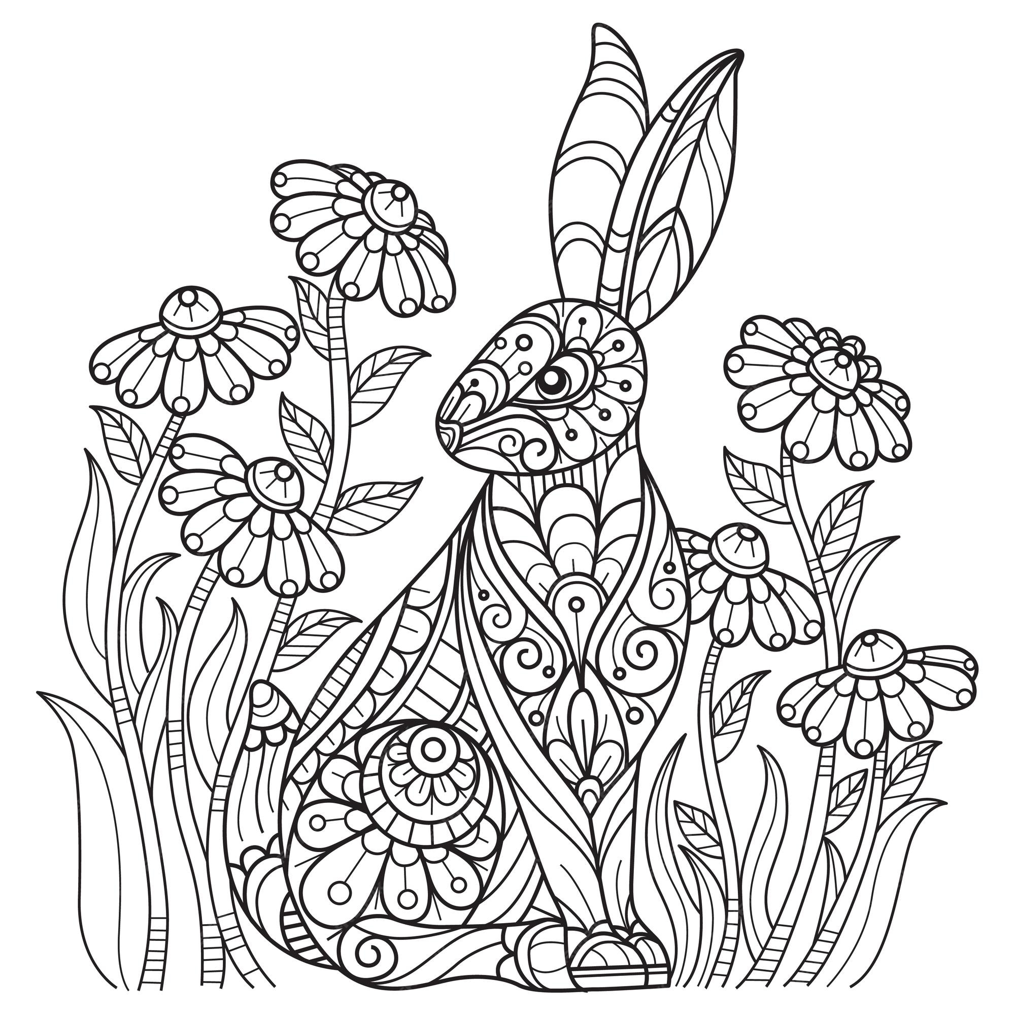 Premium vector rabbit and flower garden hand drawn for adult coloring book