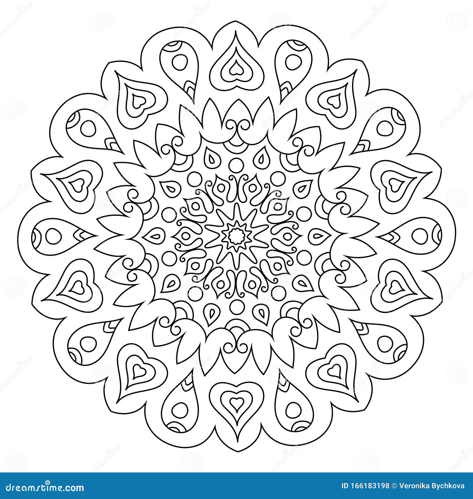 Radial zentangle mandala adult coloring book page zendoodle circular black and white outline illustration stock illustration