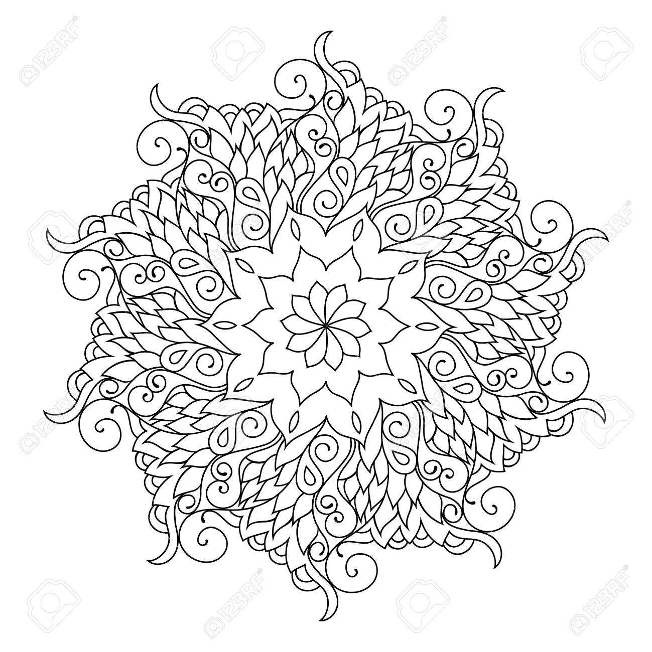Radial mandala adult coloring book page zendoodle circular black and white outline illustration royalty free svg cliparts vectors and stock illustration image