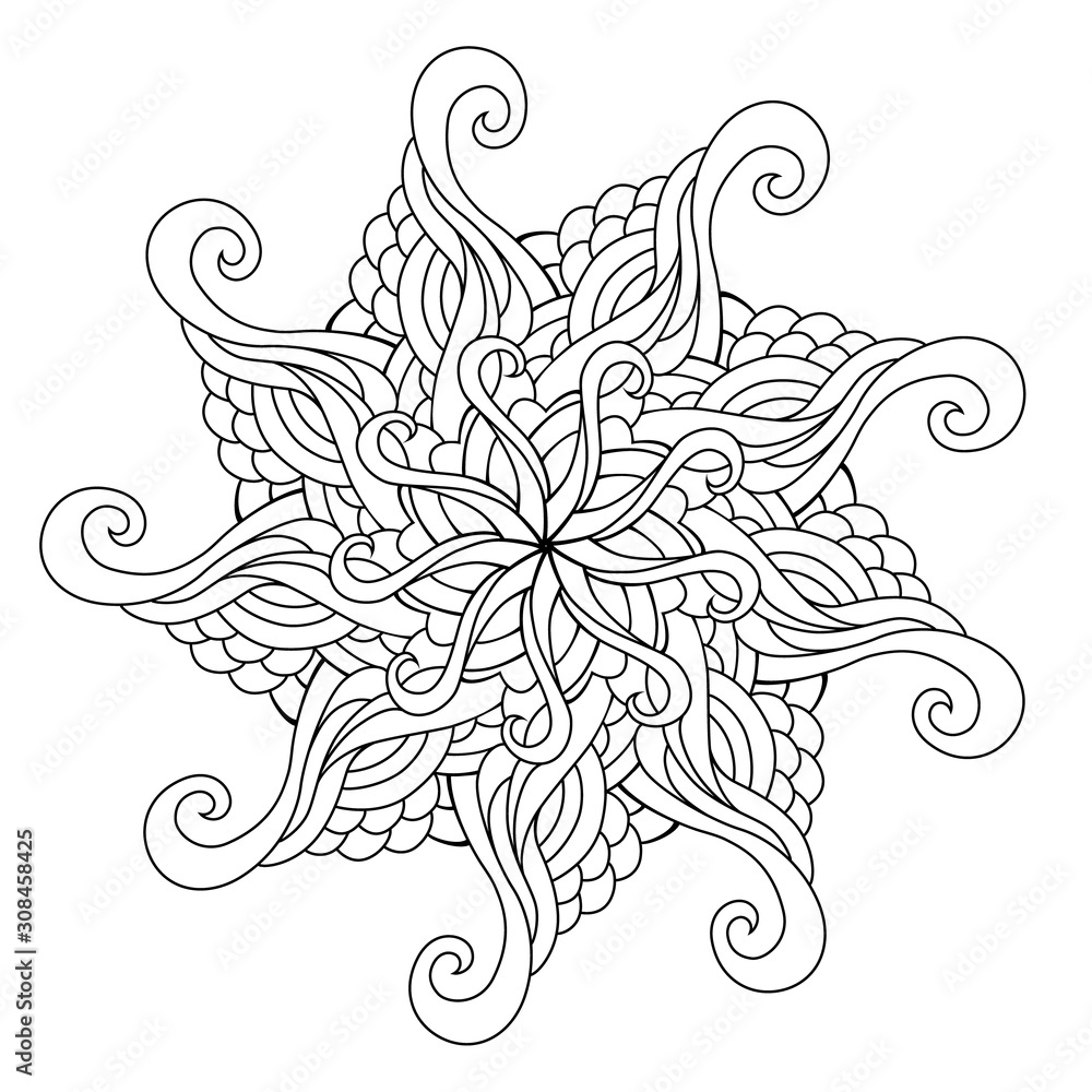 Radial zentangle mandala adult coloring book page zendoodle circular black and white outline illustration vector