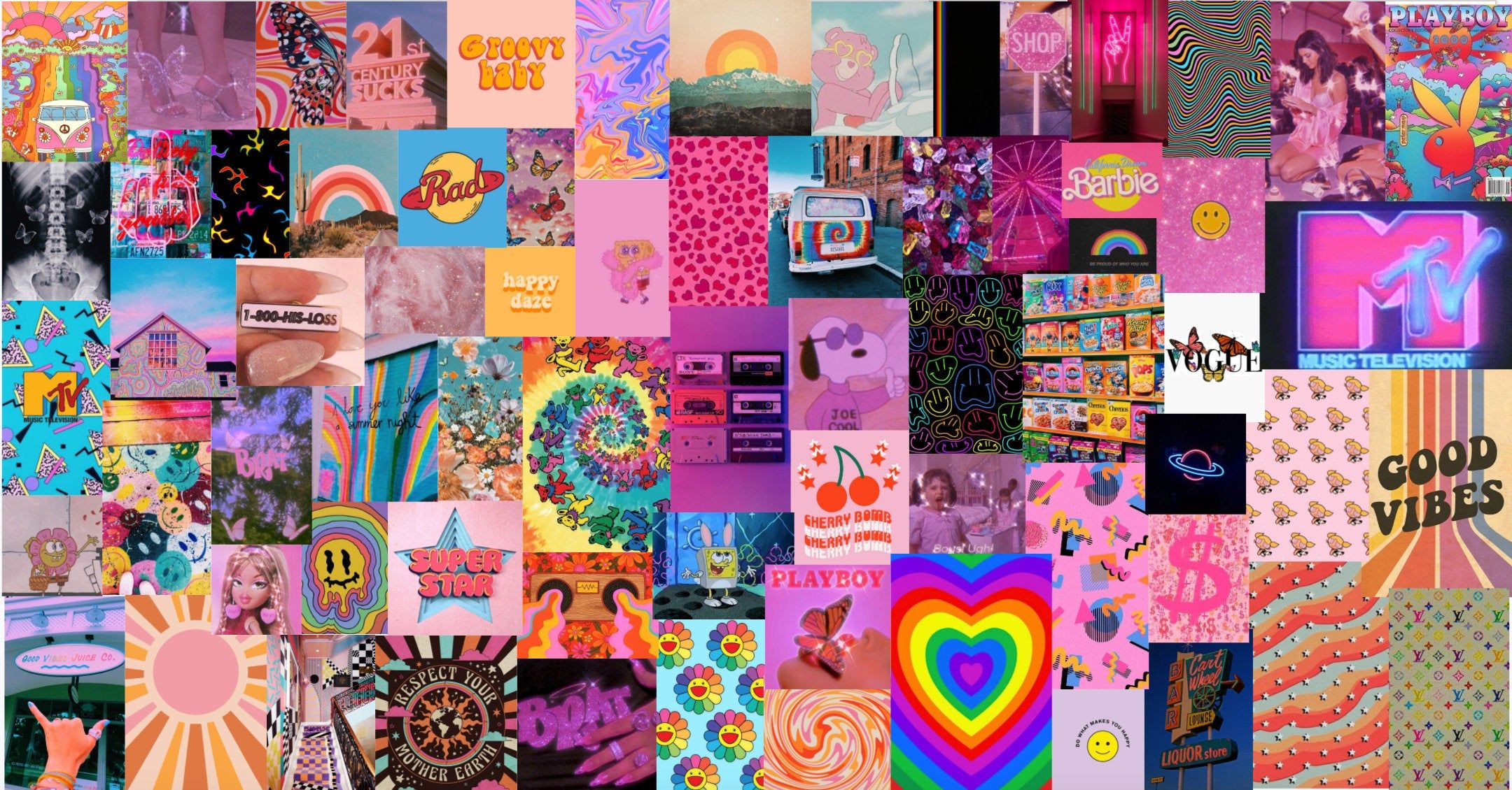 Retro rainbow vibes aesthetic wall collage kit digital