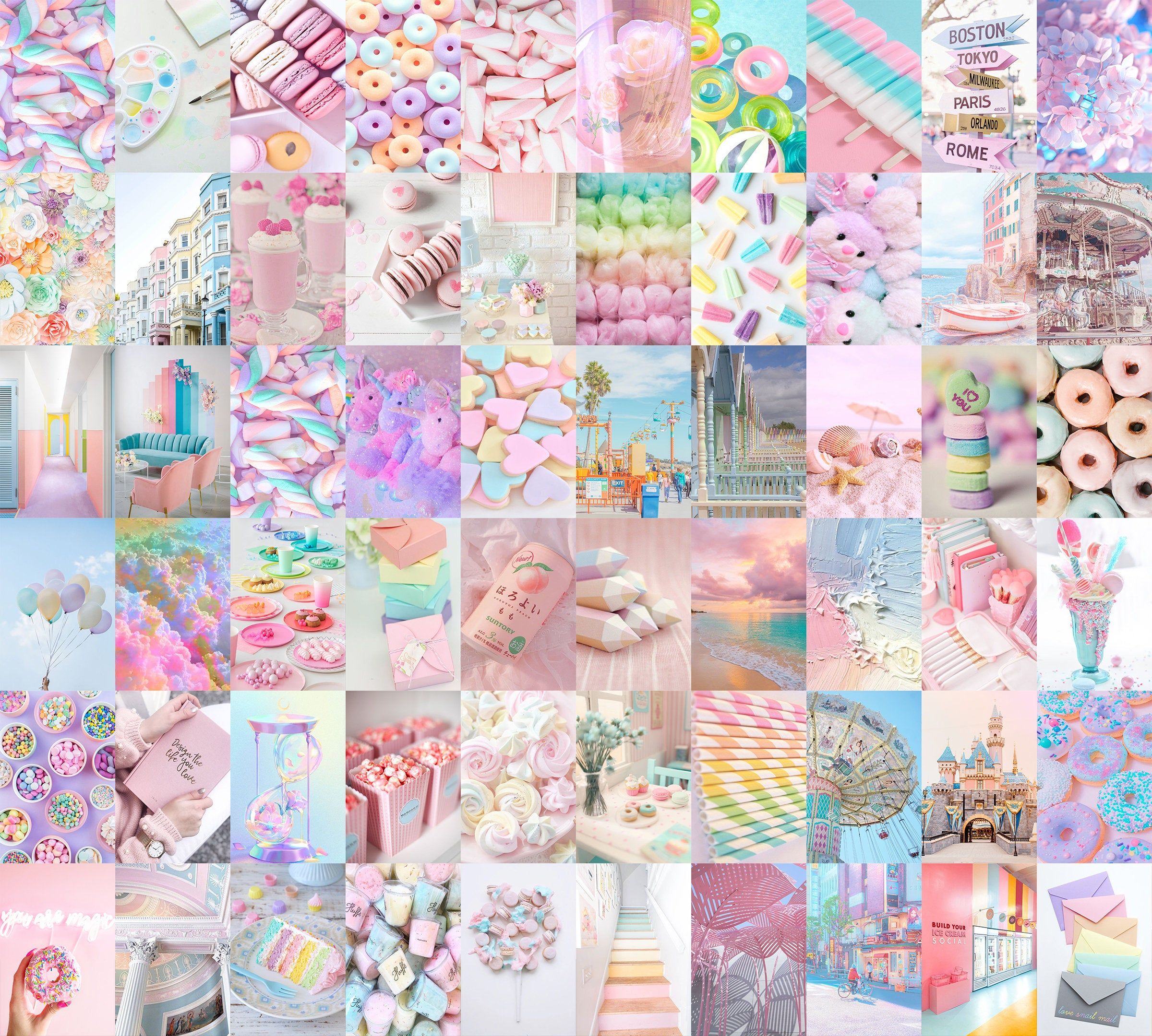 Colorful pastel cotton candy rainbow aesthetic wall collage