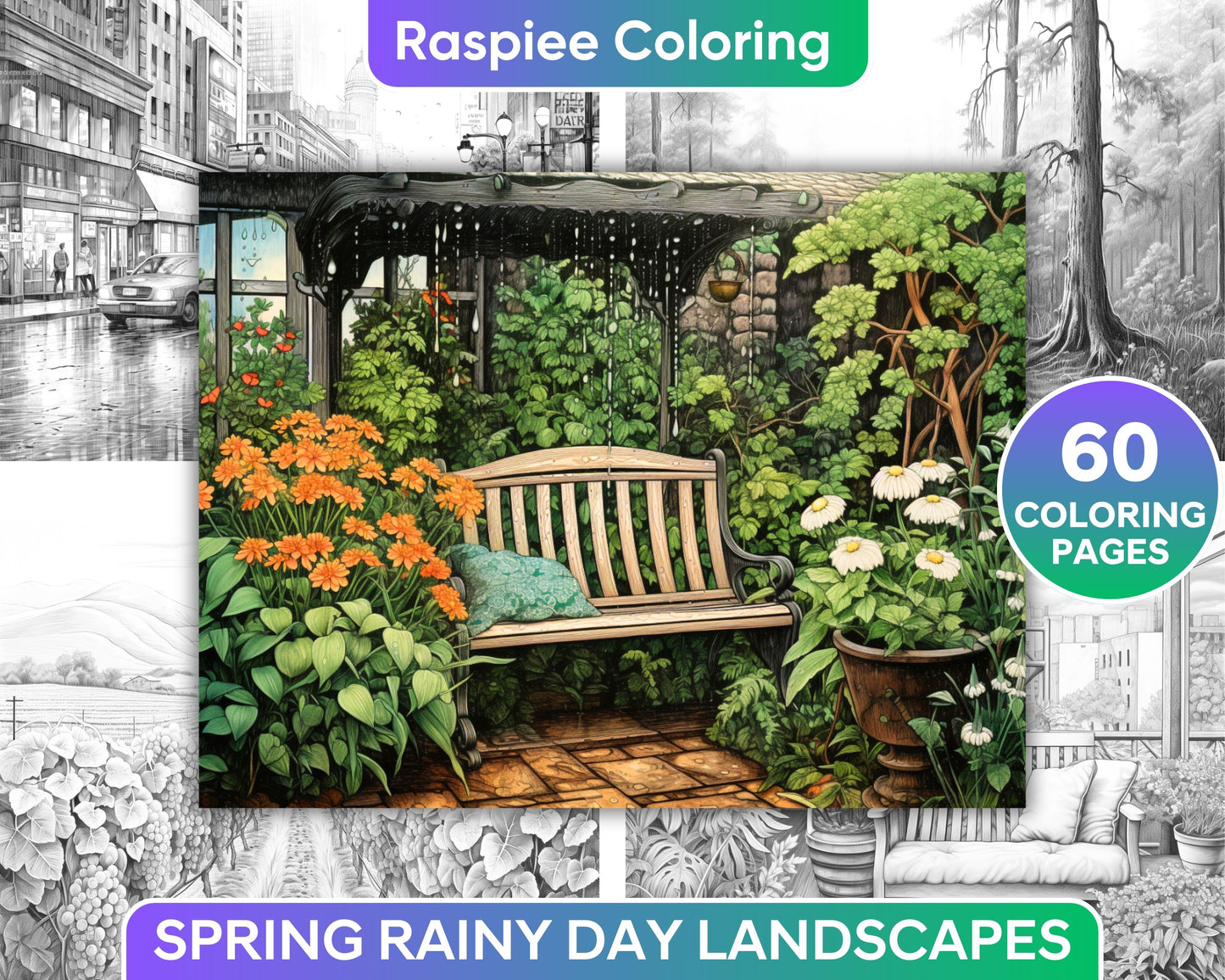 Spring rainy day landscapes grayscale adult coloring pages printab â coloring