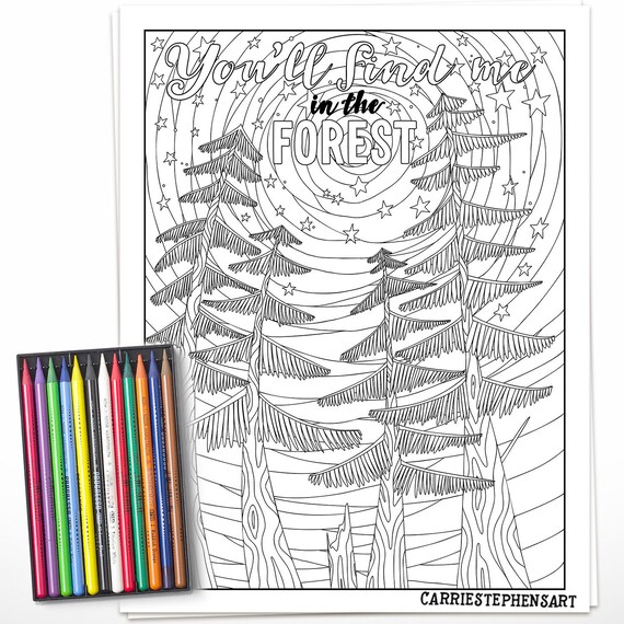 Forest coloring page digital download adult coloring book printable rainy day camping activity for nature lovers pdf jpg