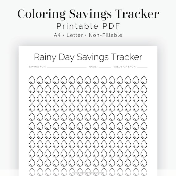 Rainy day savings tracker colouring pages printable pdf finance planner saving goals personal finance instant download download now