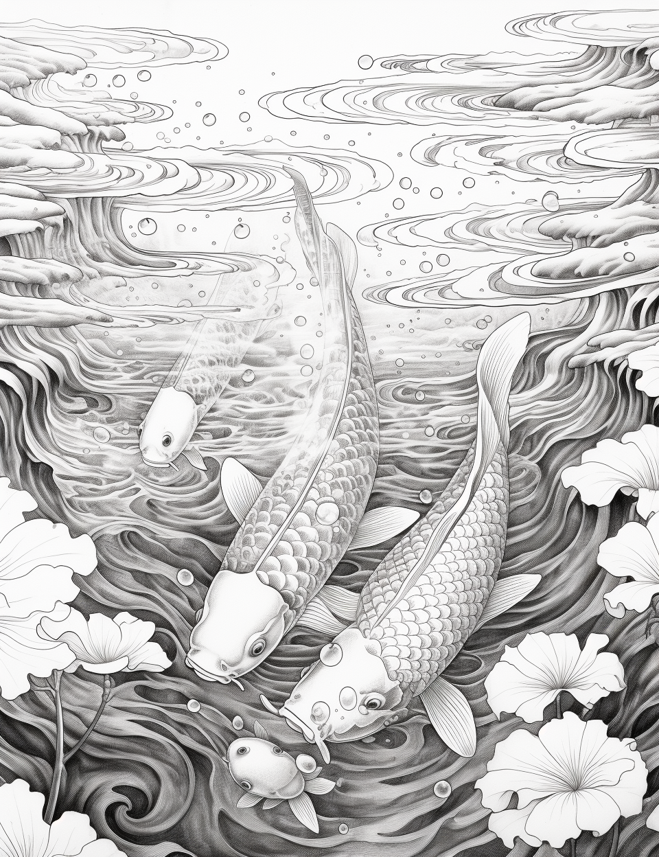 Tranquil koi pond grayscale adult coloring pages printable pdf ins â coloring