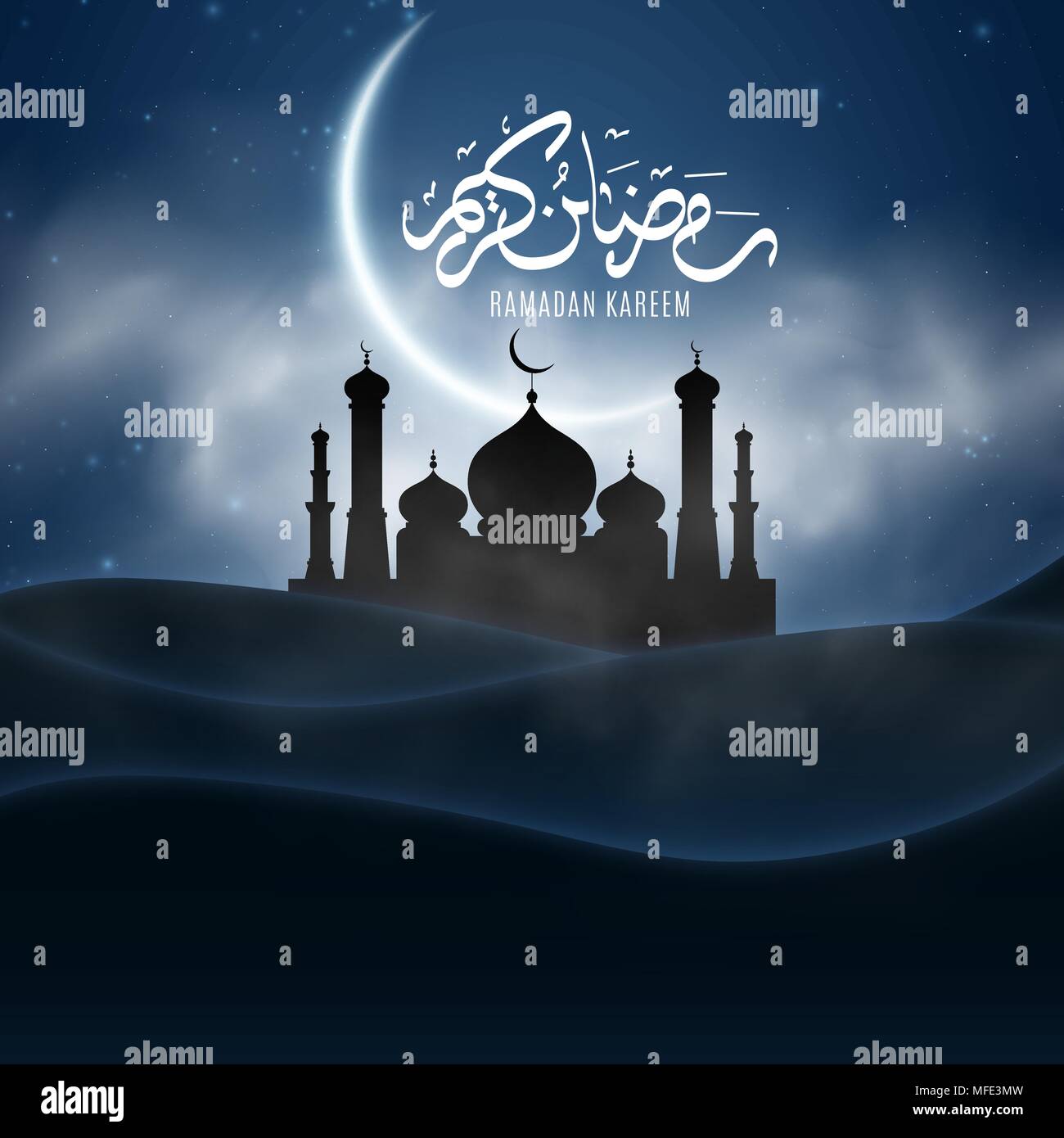Wallpaper fãr ramadan kareem religion heiligen monat hand arabische kalligraphie gezeichnet hellen mond nebel wolken alte muslimische stadt islamischen tempel abckung ba stock