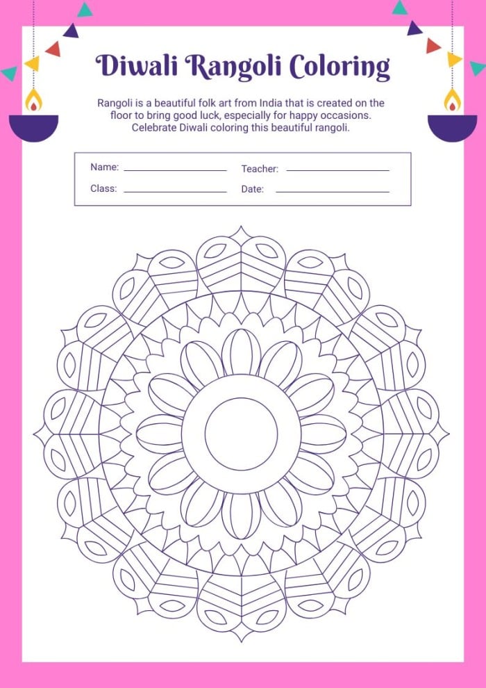 Free diwali rangoli coloring worksheet template