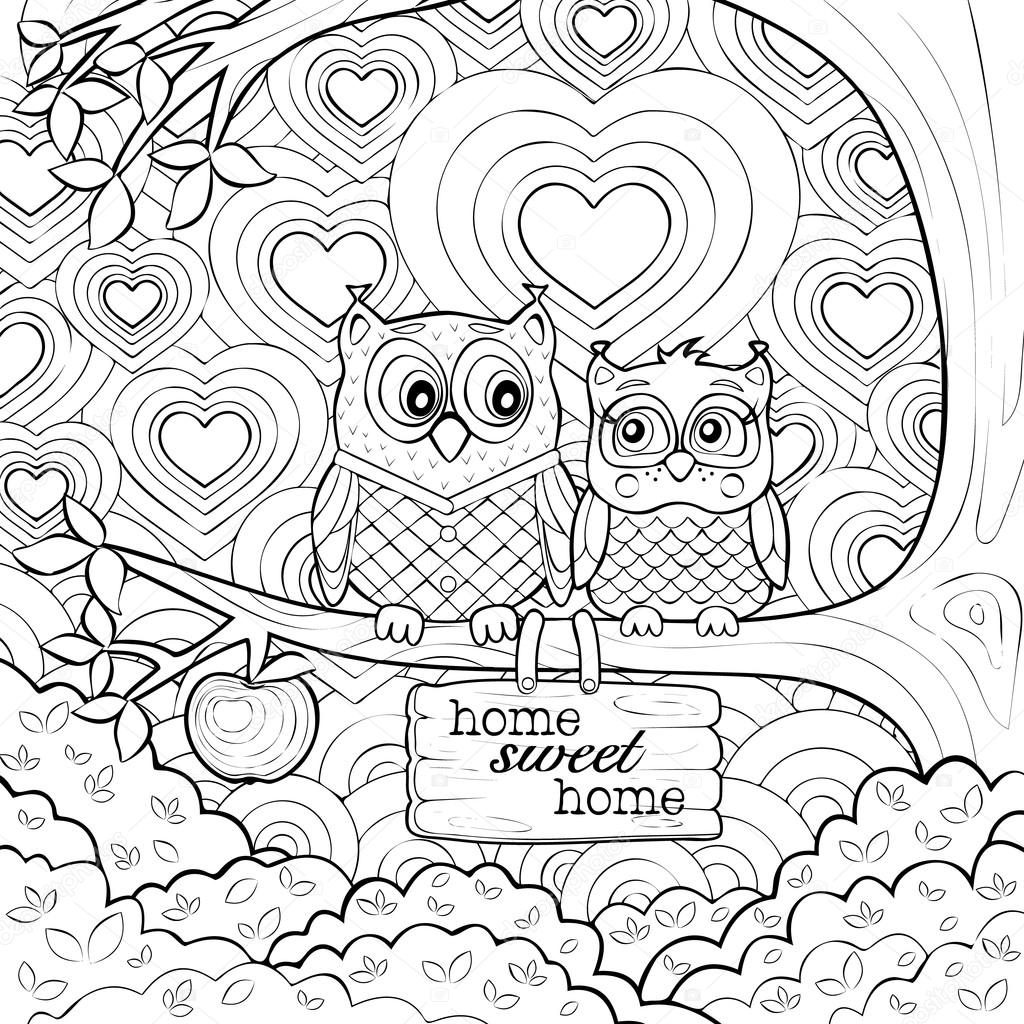 Adults art therapy coloring page of two cute owls stock vector by funandcake