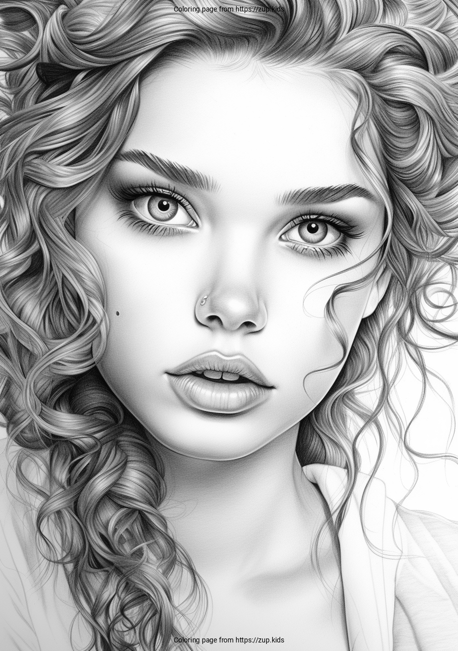 Realistic face of a girl coloring page from