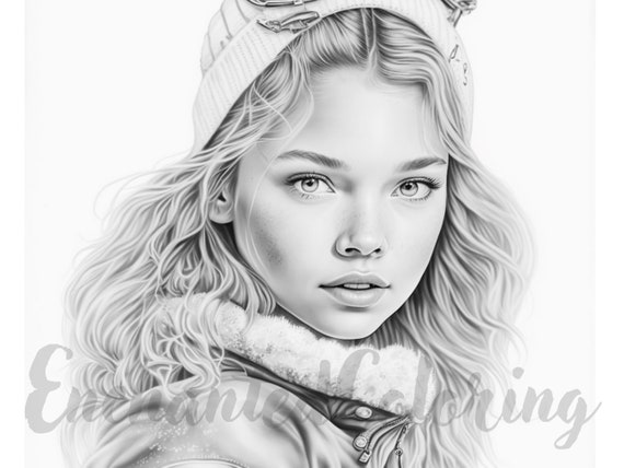 Winter girl realistic portrait coloring page printable adult coloring pages book download lightdark greyscale illustration