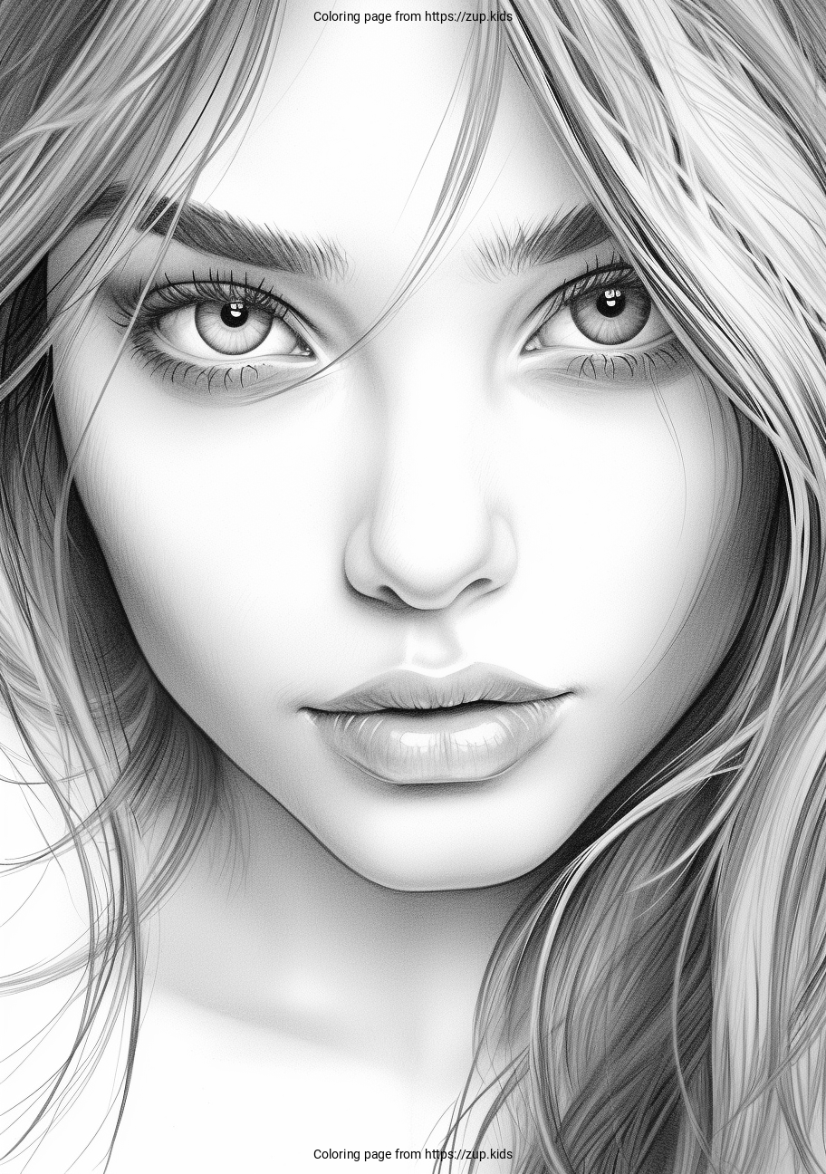 Realistic girl coloring page from
