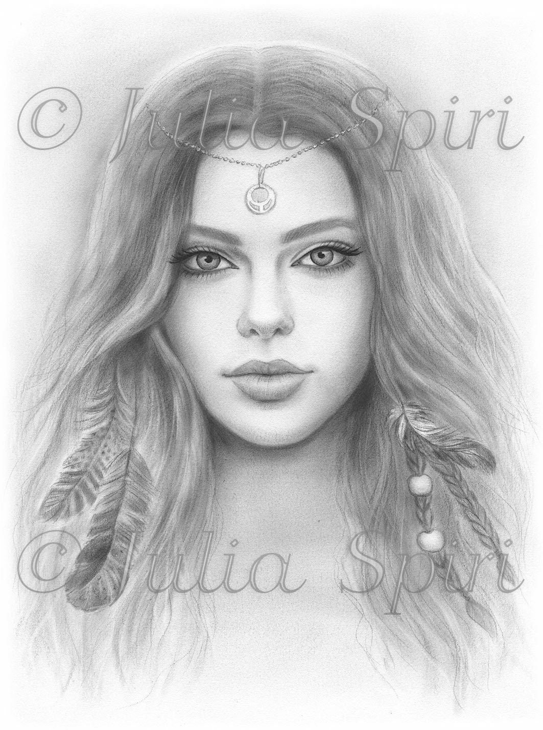 Grayscale coloring page realistic portrait of boho girl onalee â the art of julia spiri