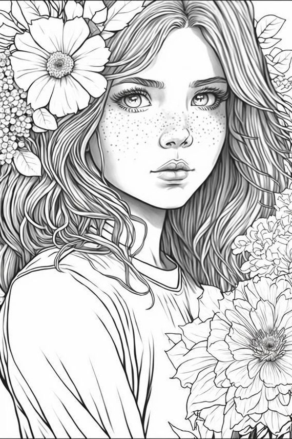 Realistic face premium coloring page printable adult women