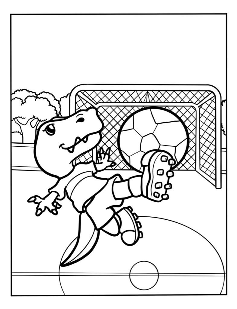 Soccer coloring page with a cute dinosaur download the pdf free