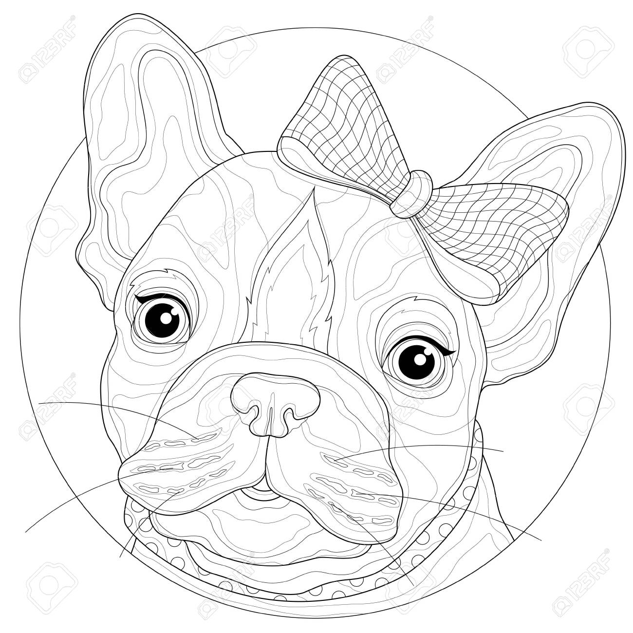 French bulldog with a bow on his head coloring book antistress for children and adults illustration isolated on white backgroundblack and white drawingzen