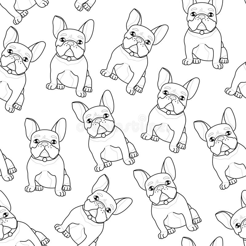 Cute realistic french bulldog sketch seamless pattern template cartoon graphic vector illustration in black and white stock vector