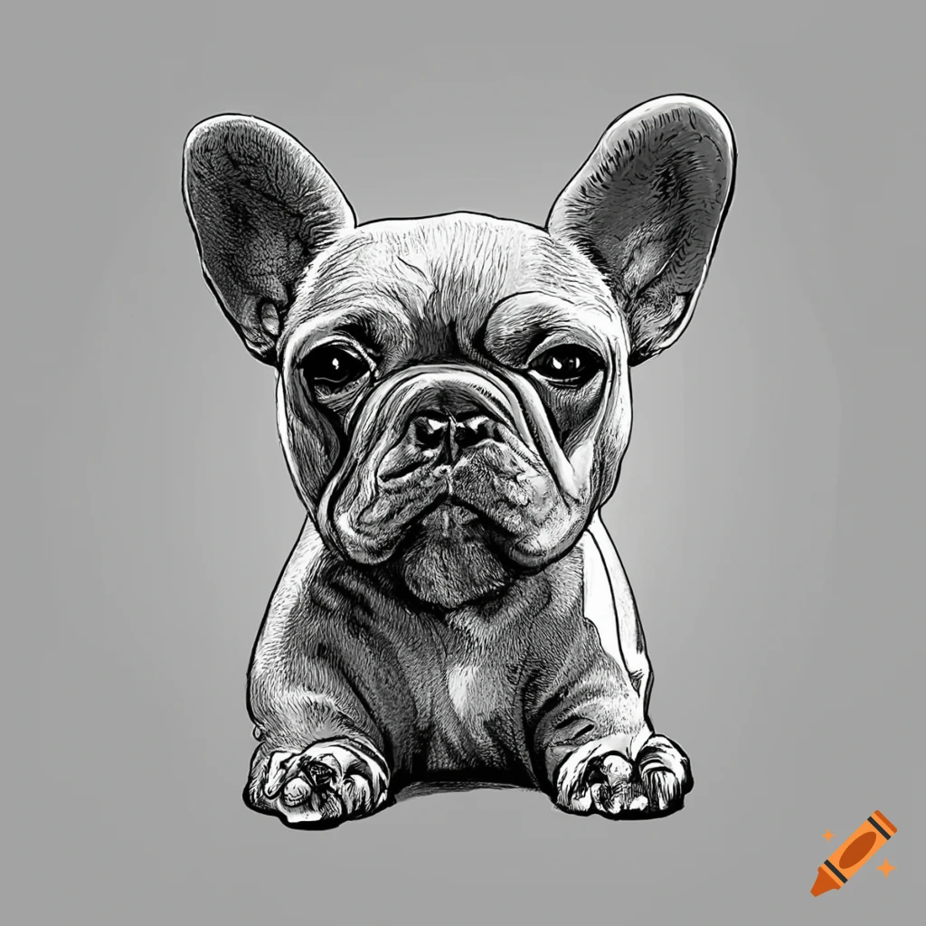 Puppy french bulldog fineline drawing greyscale coloring book style on