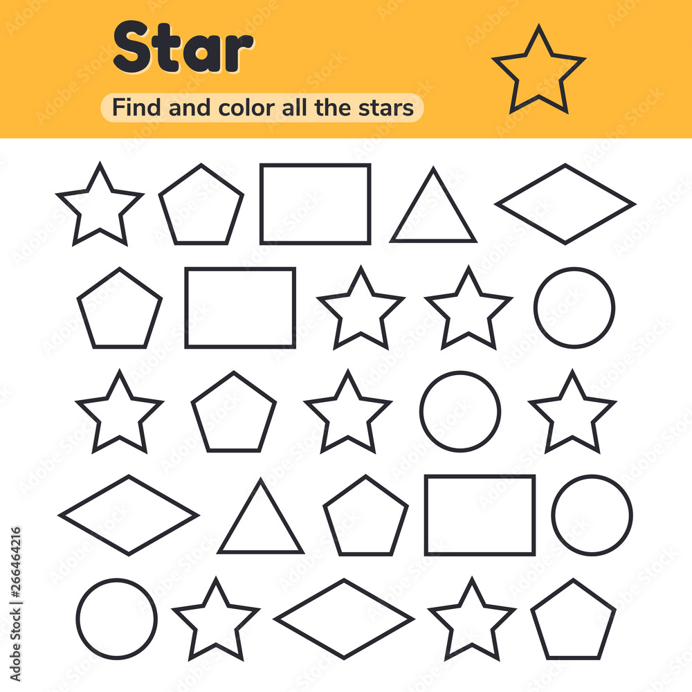 Vector illustration educational worksheet for kids kindergarten preschool and school age geometric shapes star triangle pentagon circle rhombus rectangle find and color vector