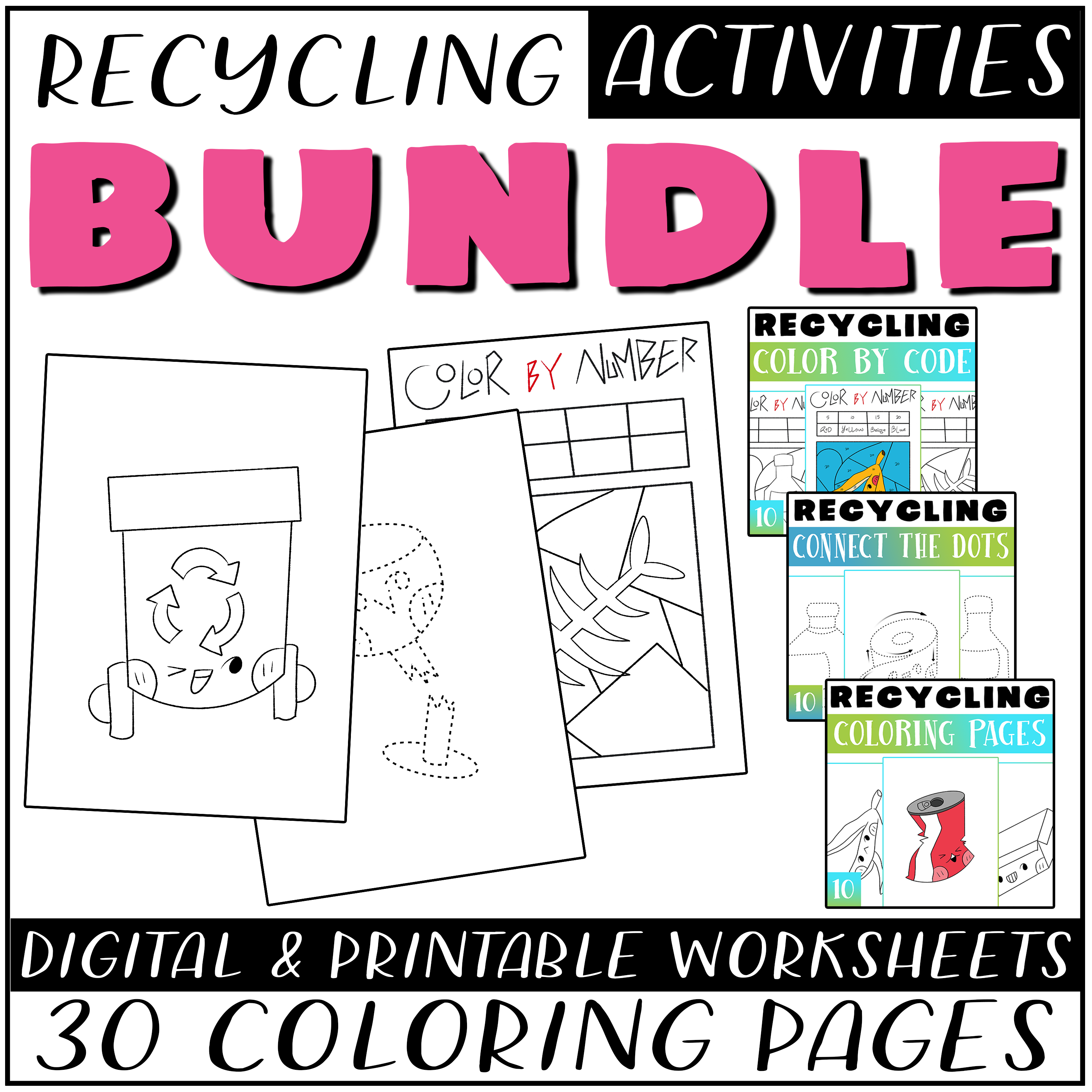 Recycle activity bundle recycling coloring pages color by number dot to dot made by teachers