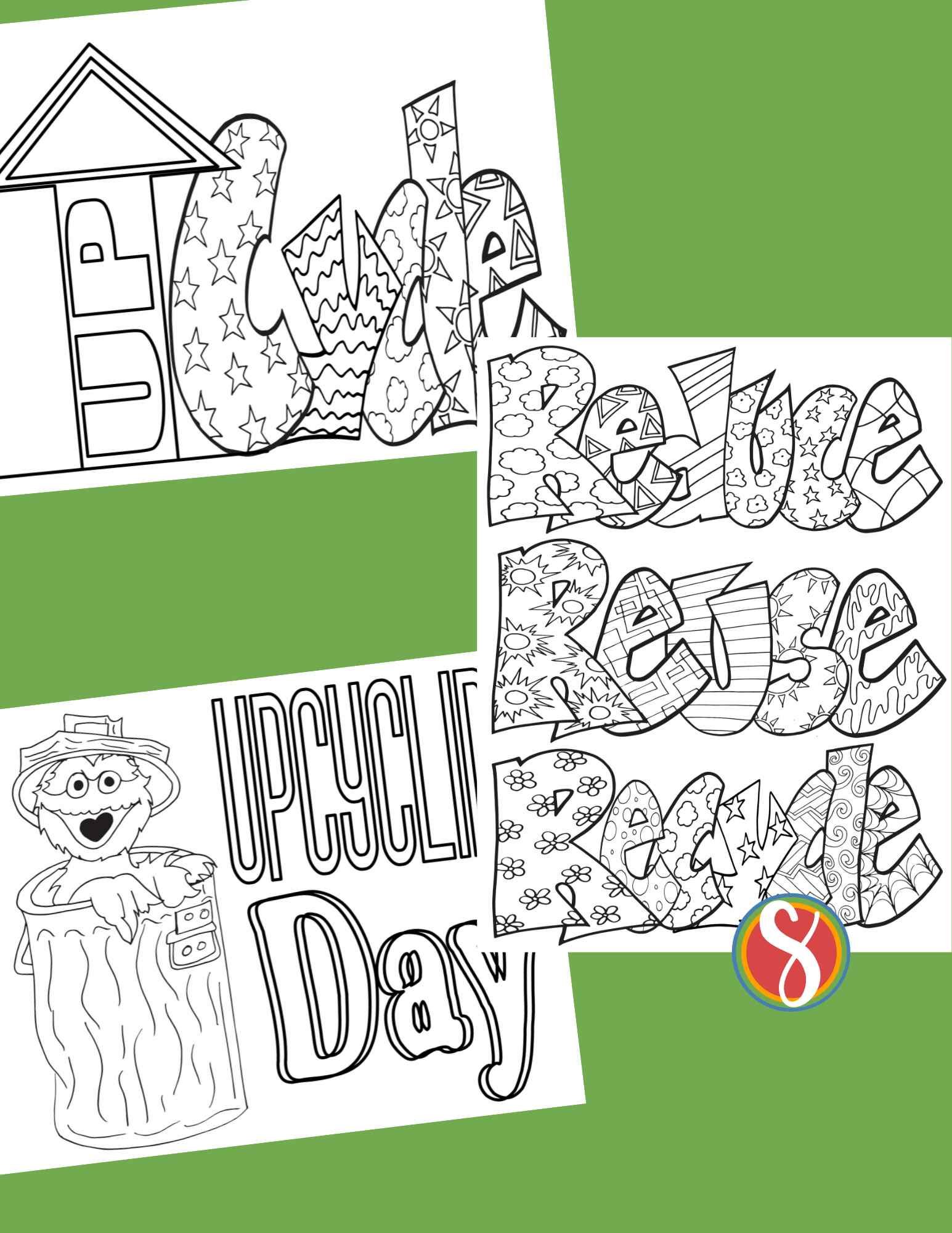 Free reduce reuse recycle coloring pages â stevie doodles