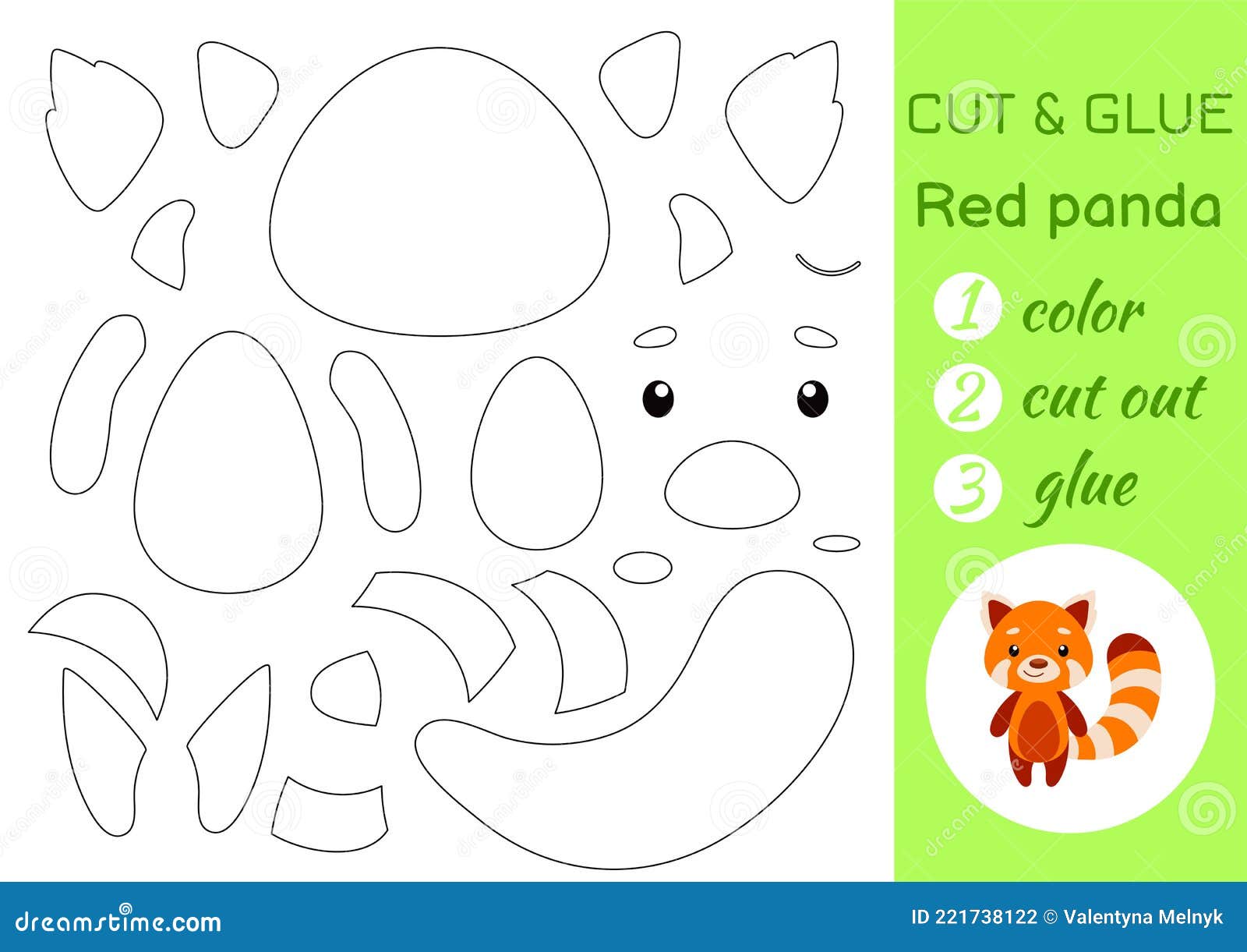 Color cut and glue paper little red panda cut and paste crafts activity page educational game for preschool children stock vector