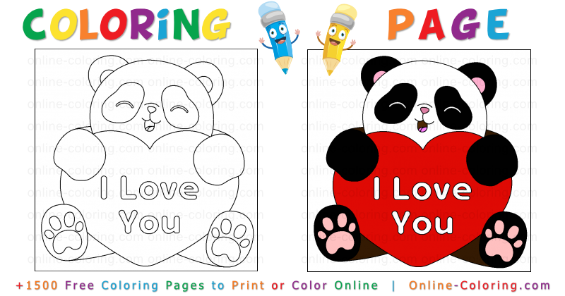 I love you panda with big red heart free online coloring page