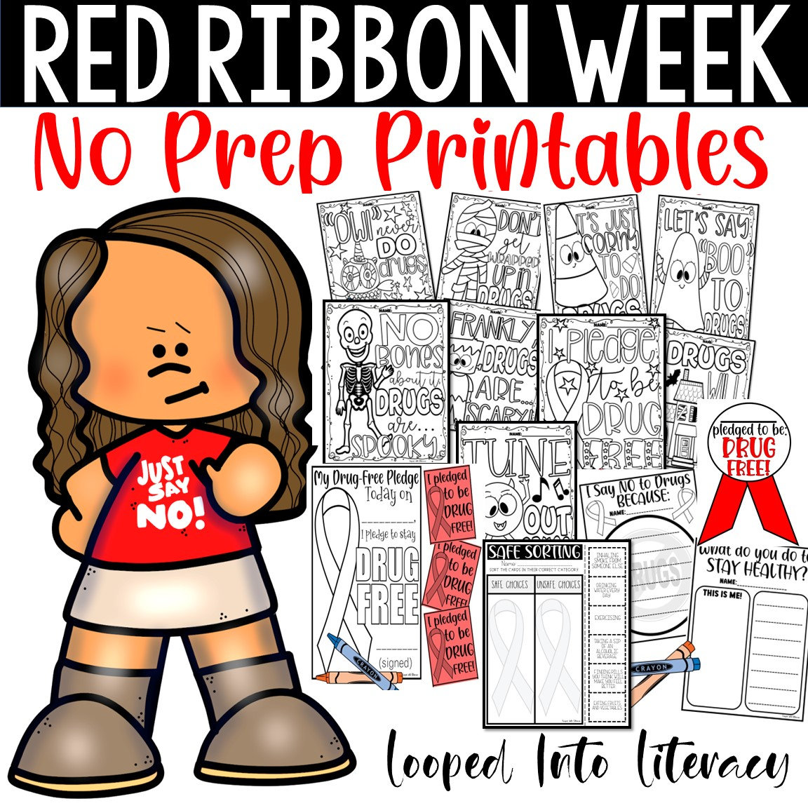 Red ribbon week drug free no prep printables coloring pages writing craft