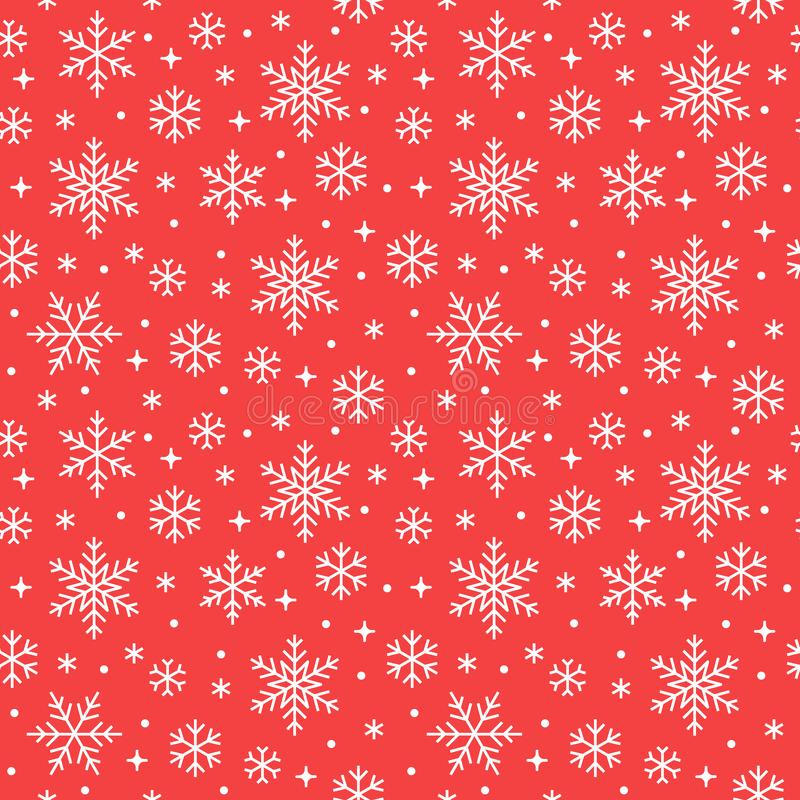 Seamless pattern with white snowflakes on red background flat line snowing icons cute snow flakes repeat wallpaper stock vector