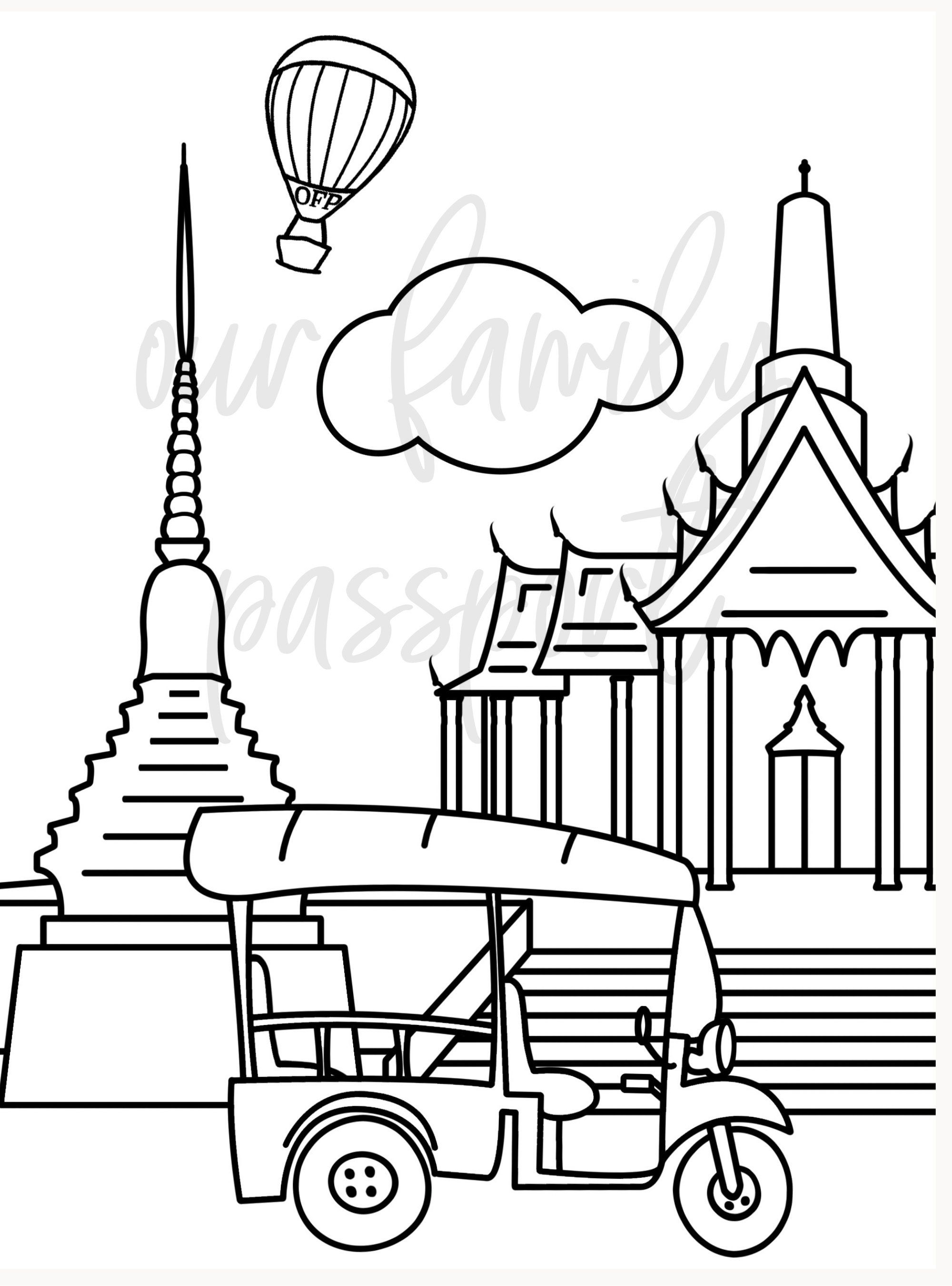 Bangkok thailand digital printable travel coloring page