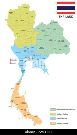 Las provincias y region mapa vectorial del reino de tailandia con bandera imagen vector de stock