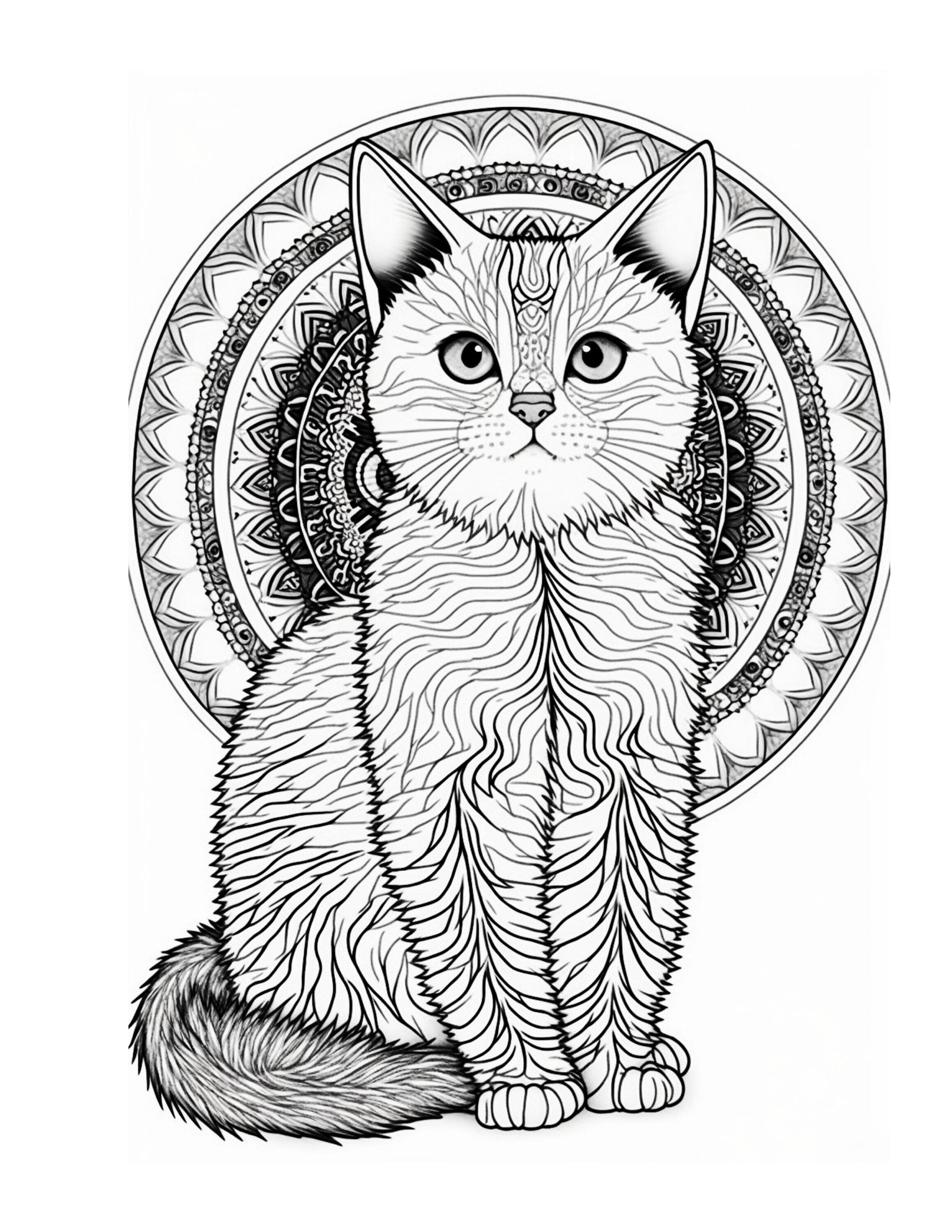 Cat mandala coloring pages i instant download grayscale coloring pages pdf imprimible coloring pages