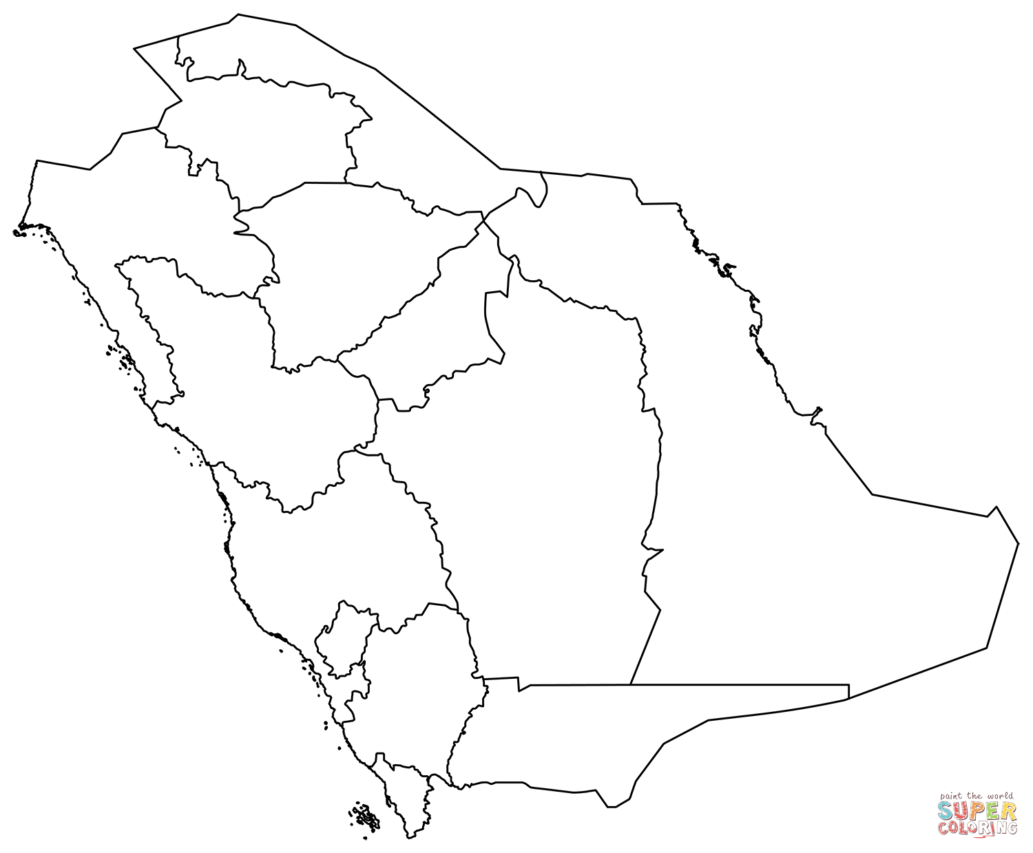 Dibujo de mapa de contorno de arabia saudita con regiones para colorear dibujos para colorear imprimir gratis