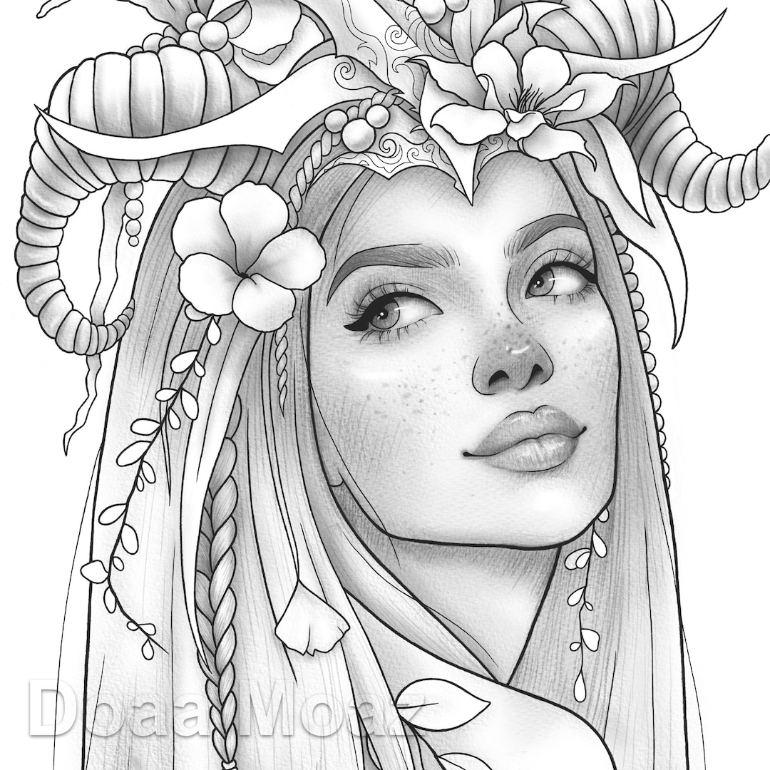 Dibujo para colorear imprimible retrato de niãa floral de fantasãa