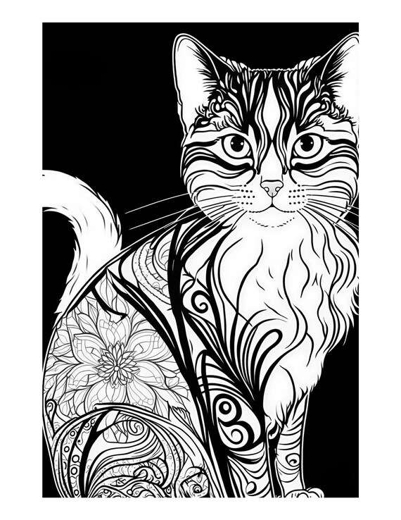 Cat mandala coloring pages i instant download grayscale coloring pages pdf imprimible coloring pages