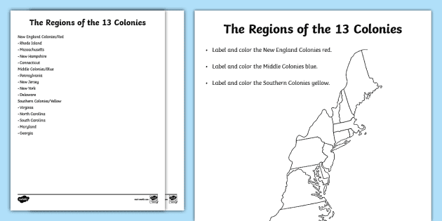 The regions of the thirteen colonies label and color activity