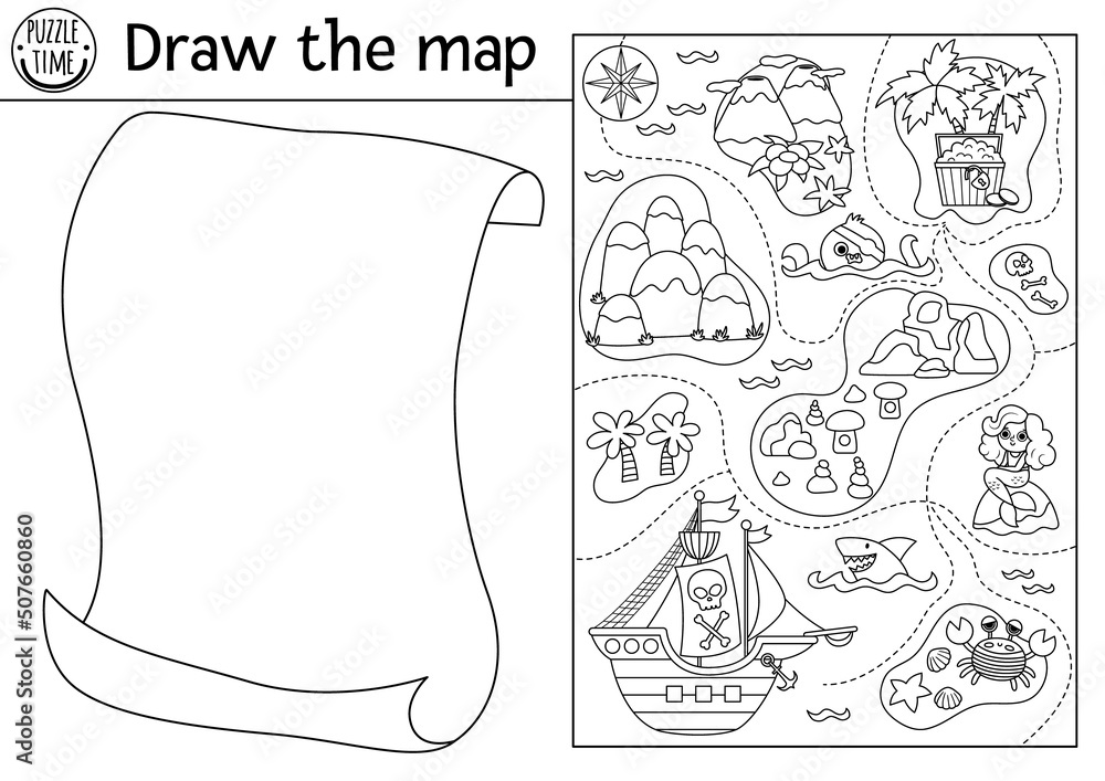 Draw the pirate map free creative drawing task for kids plete the picture vector pirate drawing practice worksheet printable black and white activity for kids treasure island coloring page vector