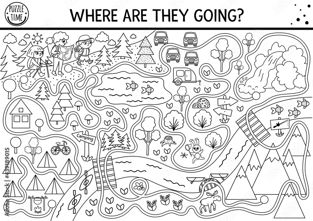 Black and white summer camp maze for children active holidays preschool outline printable activity family road trip labyrinth game or coloring page with cute hiking kids camping map mountains vector