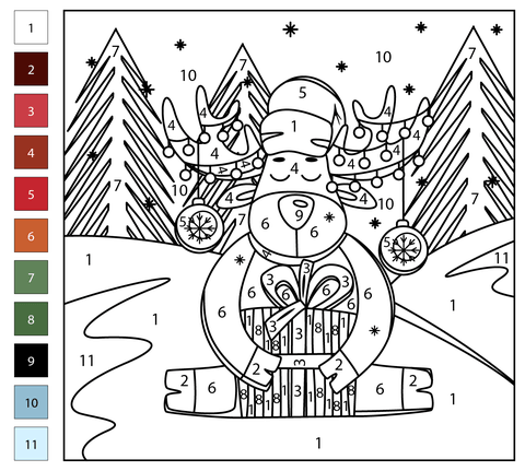 Christmas reindeer color by number free printable coloring pages