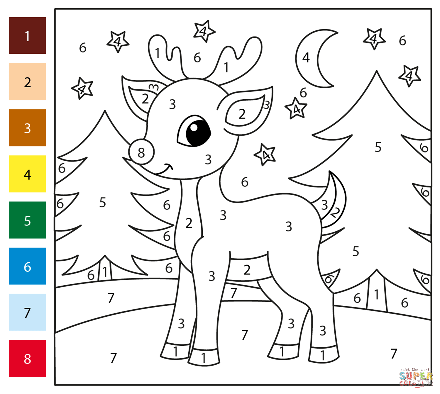 Reindeer color by number free printable coloring pages