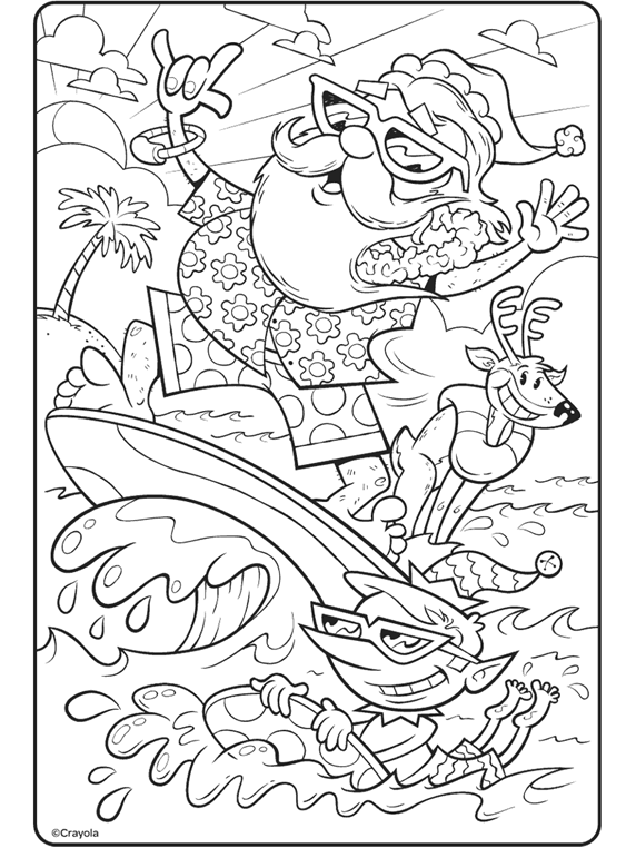 Surfing santa and reindeer coloring page