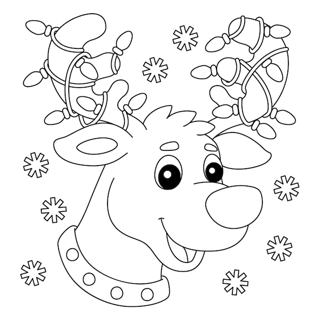 Premium vector christmas reindeer head coloring page for kids